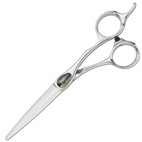 Jowell ZN hairdressing scissors with offset handle and fixed finger rest in polished steel