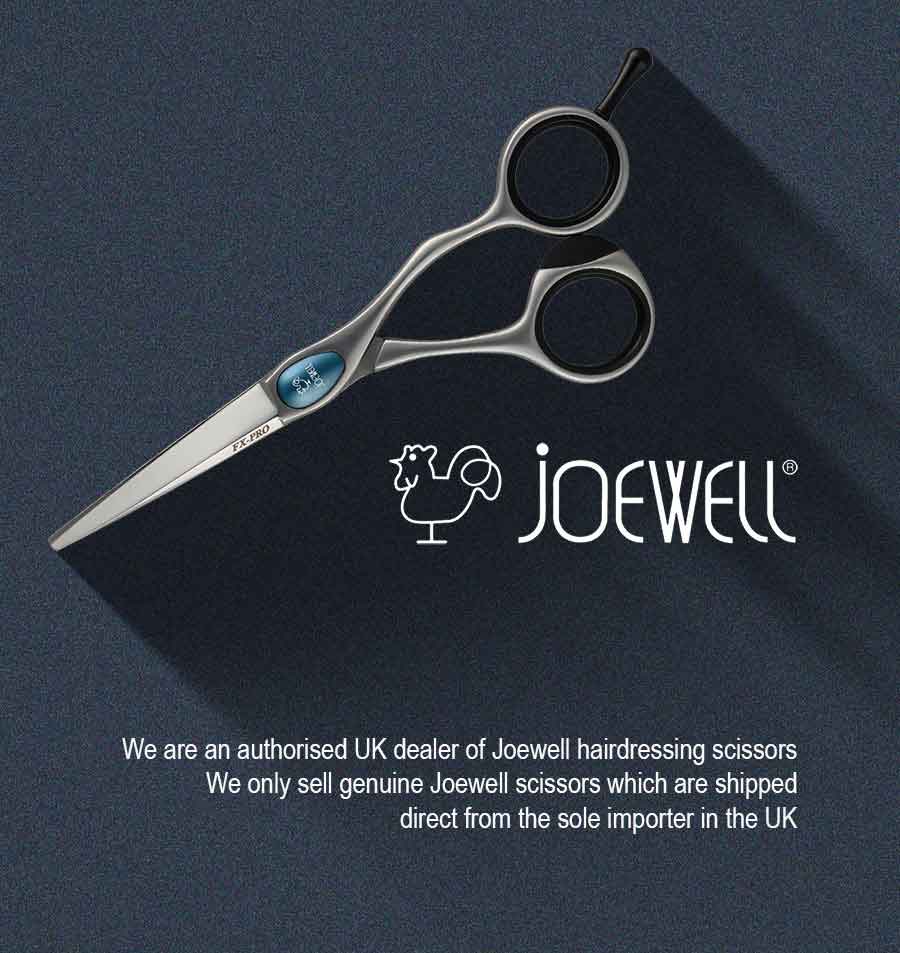 Joewell hairdressing scissors on blue background with Joewell logo